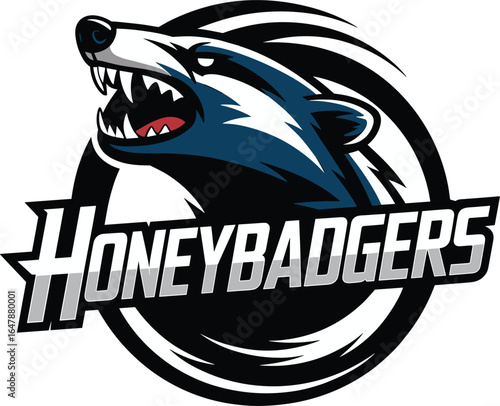 Aggressive honey badger mascot logo with a powerful snarl, a dynamic graphic design with "HONEYBADGERS" text, vector illustration for a sports team.