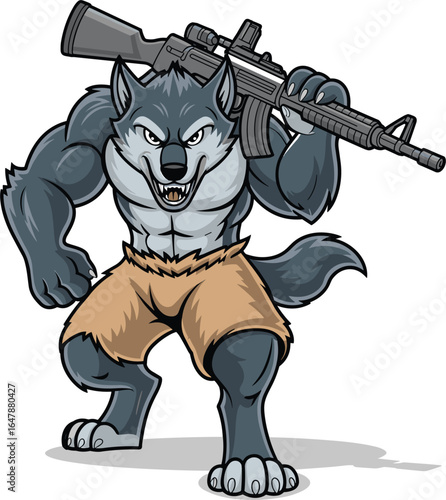 Aggressive muscular wolf mascot character with an assault rifle, a powerful military or gaming design, vector illustration isolated on white.