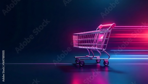 Neon shopping cart in motion, concept of speed and commerce