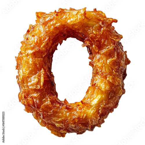 Top view of a 3D letter O made of Onion Rings isolated on a white transparent background
