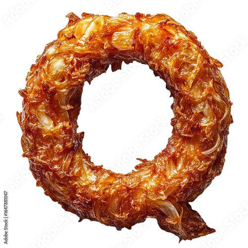 Top view of a 3D letter Q made of Onion Rings isolated on a white transparent background