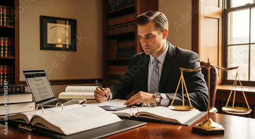 Legal Professional Working on Documents in an Office Setting with Scales of Justice in the Background