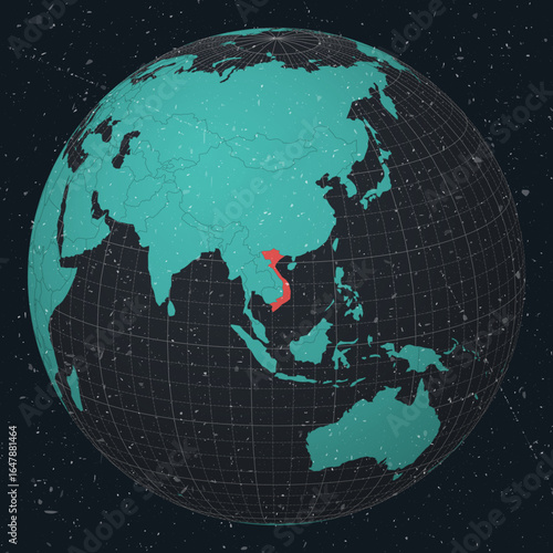 Vietnam on Globe. Vintage look with grunge scratched texture. Country view on world map in Dark Charcoal Turquoise color palette. Vietnam shape on map. Globe with meridians and parallels.