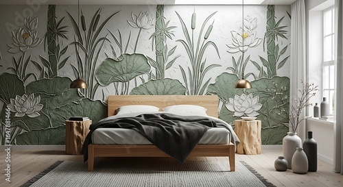 Ai generated image of serene bedroom with natureinspired wallpaper and minimalist design