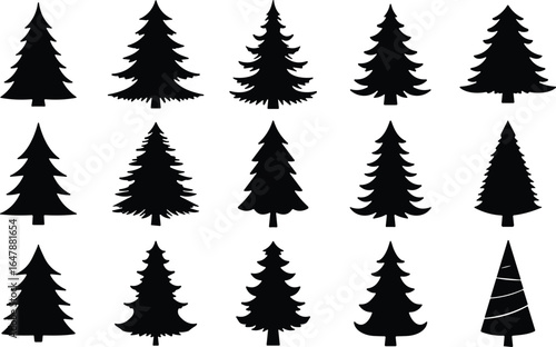Pine tree silhouette vector set, fir tree icons, evergreen forest symbols, Christmas tree shapes, nature illustration, winter clipart.