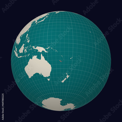 New Caledonia on the map. Globe centered to New Caledonia. Country location on the world map. Teal Pale Mint color palette. Globe with countries, meridians and parallels. Elegant vector illustration.