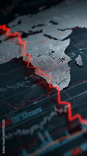 World map with overlaid graphs and a zigzagging red arrow pointing downward, symbolizing global economic decline, financial crises, and market instability.