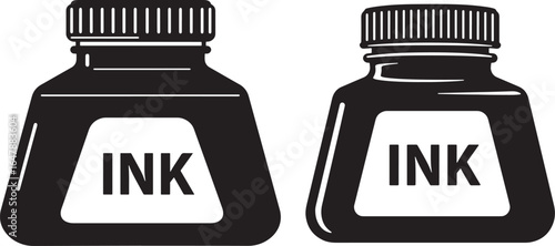 Two black ink bottles with labels silhouette