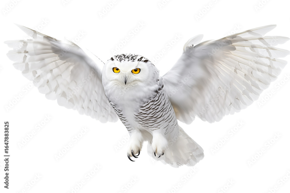 Obraz premium Majestic snowy owl gliding gracefully through the air with outstretched wings.