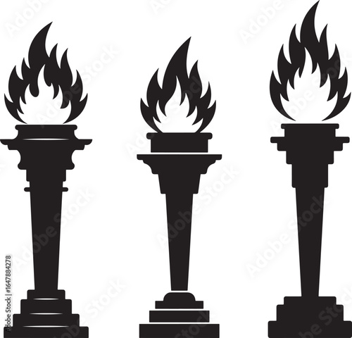 Three classic torches with flames in silhouette