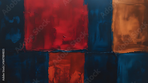 Vibrant, vintage-inspired textured paper with a colorful, abstract grunge pattern of red and orange squares