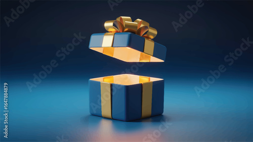 Blue gift box with golden ribbon and bow open revealing light vector