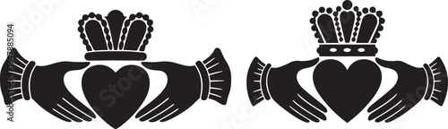 Two irish claddagh symbols with crowns in black silhouette