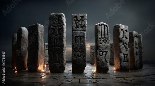 Ancient Stone Monoliths with Carved Zodiac Symbols in Dramatic Night Scene
