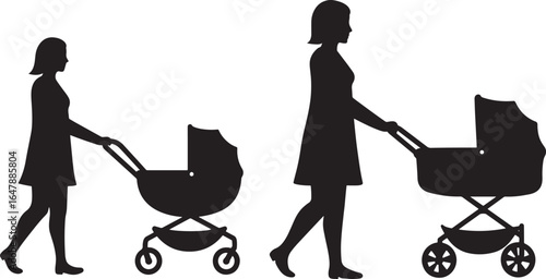 Two women pushing baby strollers silhouette