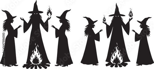 Group of witches casting spells with fire silhouette