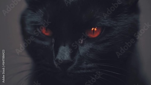 A black cat with glowing red-orange eyes staring intensely in the dark - eerie animal gaze with mystical Halloween concept