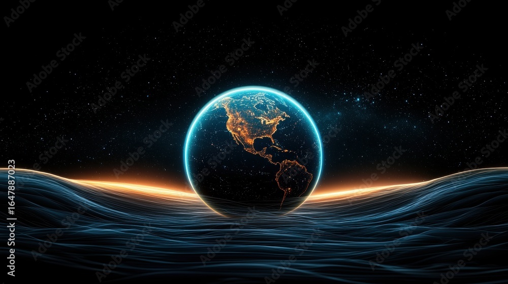 Obraz premium earth Protect A network of interconnected lines forming a protective layer around Earth, data visualization concept.