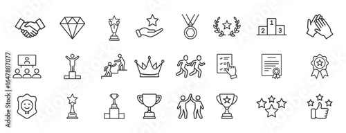 Achievement Recognition Line Icons Set Editable Stroke. Award, success, victory, prize, champion, leadership icon on white background