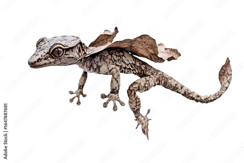 Fototapeta premium A unique reptile with leaf-like wings, showcasing natural camouflage and intricate patterns.