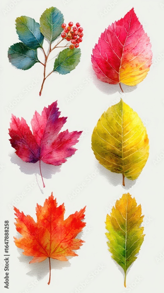 Fototapeta premium Colorful autumn leaves and berries displayed together, showcasing the beauty of fall foliage