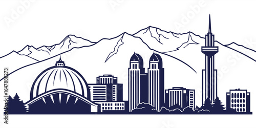 Reno City Skyline Vector with Silver Legacy and Sierra Nevada Mountains