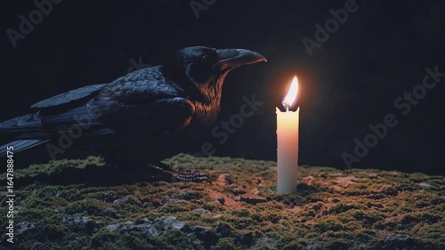 A black raven next to a lit white candle on forest moss during Halloween night - gothic horror aesthetic for supernatural and mysterious concepts