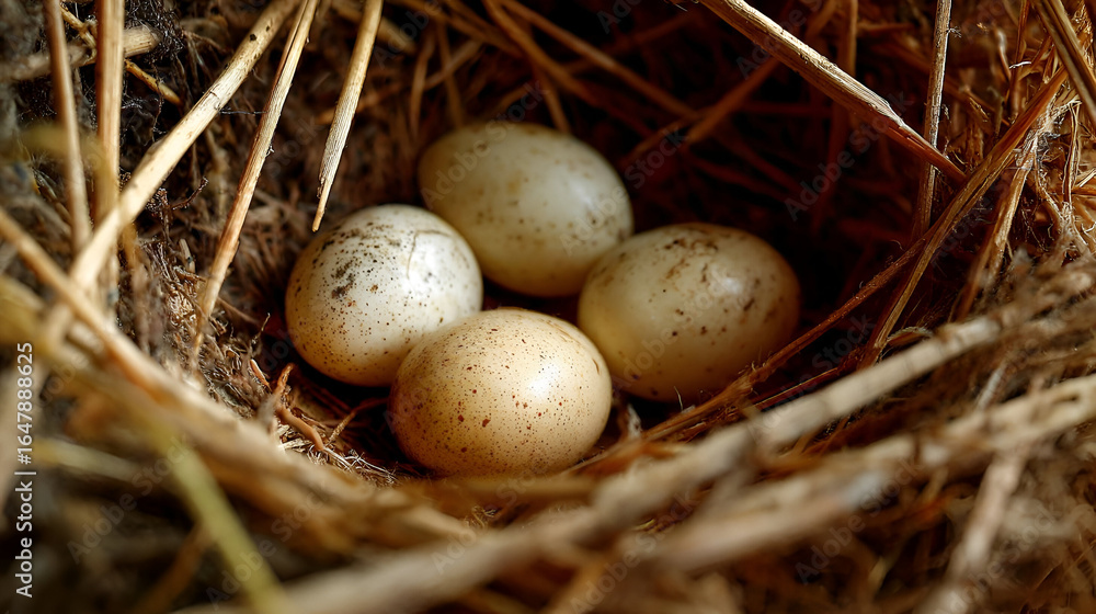 Obraz premium Close-Up of Speckled Bird Eggs in a Hay Nest