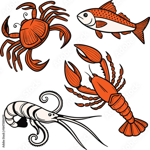 Whimsical Seafood Medley A Colorful Collection of Aquatic Delights Featuring Crab Fish Lobster and Shrimp