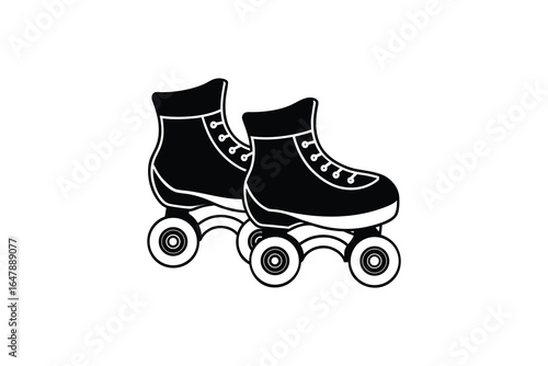 A pair of black roller skates with white wheels and laces on a plain background silhouette