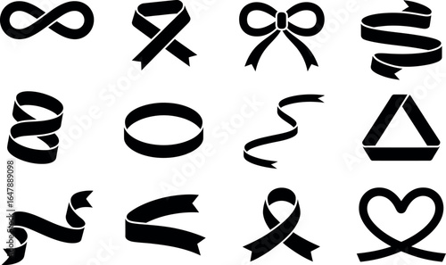 Black and white ribbon icons:  bows, swirls, and infinity symbol set.