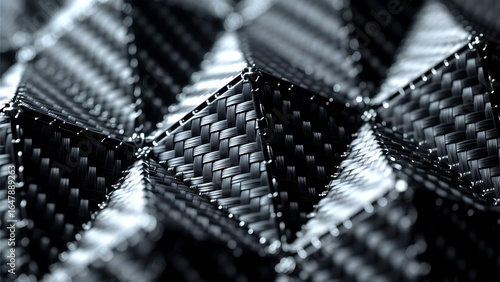 Closeup of a woven carbon fiber material with a geometric, textured pattern