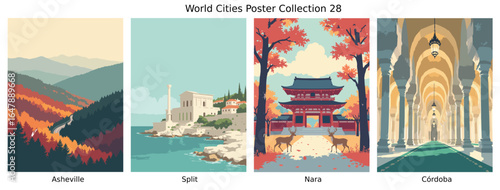 Asheville , Split , Nara , Córdoba  ci Flat Vector Poster Collection