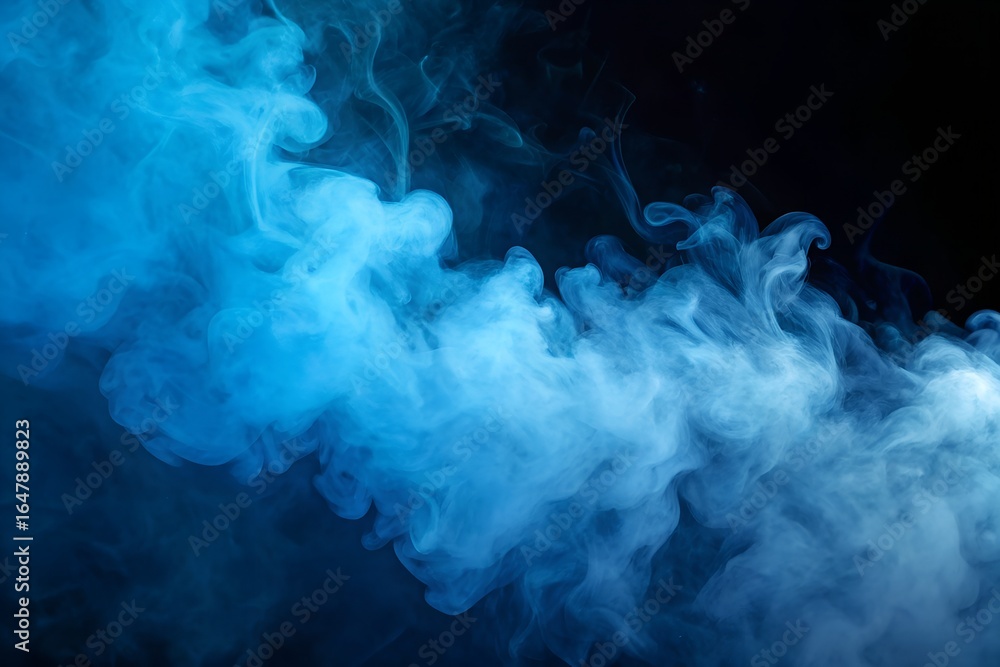 Fototapeta premium Beautiful conceptual image of intricate blue smoke against a black backdrop with wooden surface below. Abstract dynamic lines and glowing particle textures perfect for modern science and tech visuals.