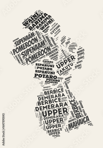 Guyana Word Cloud. Country with regions division. Guyana typographic text clouds vector image design. Vintage gazette style country shape image. Elegant vector illustration.