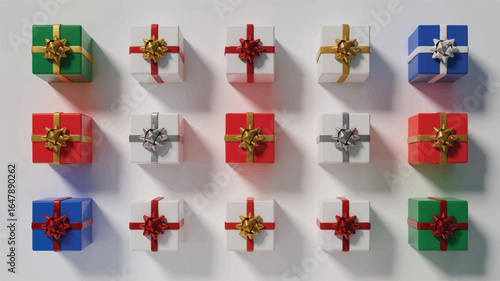 Festive gift boxes with gold red silver bows holiday celebration