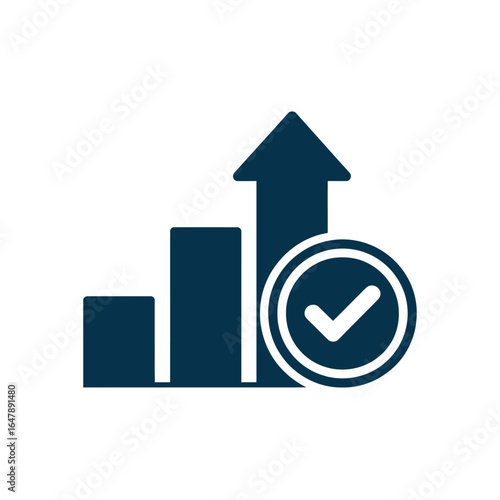 Dark blue bar graph with upward arrow and checkmark icon signifying growth and success