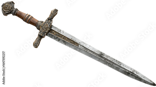 Ornate medieval sword with a wooden grip and detailed metalwork a long blade perfect for display