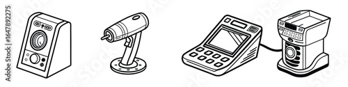 Black and white line art icons of four electronic devices including a speaker a microphone and two payment terminals