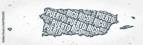 Puerto Rico regions word clouds. Country shape on textured background. Puerto Rico design in typographic style. Retro vector illustration.