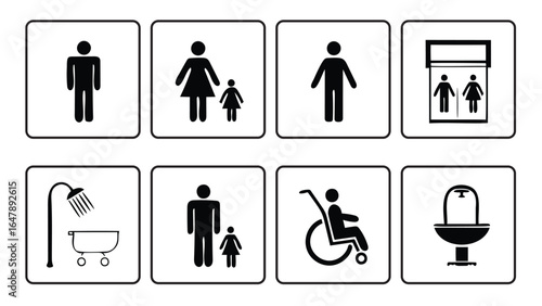 Black and white pictograms for men women children disabled shower and toilet facilities man icon