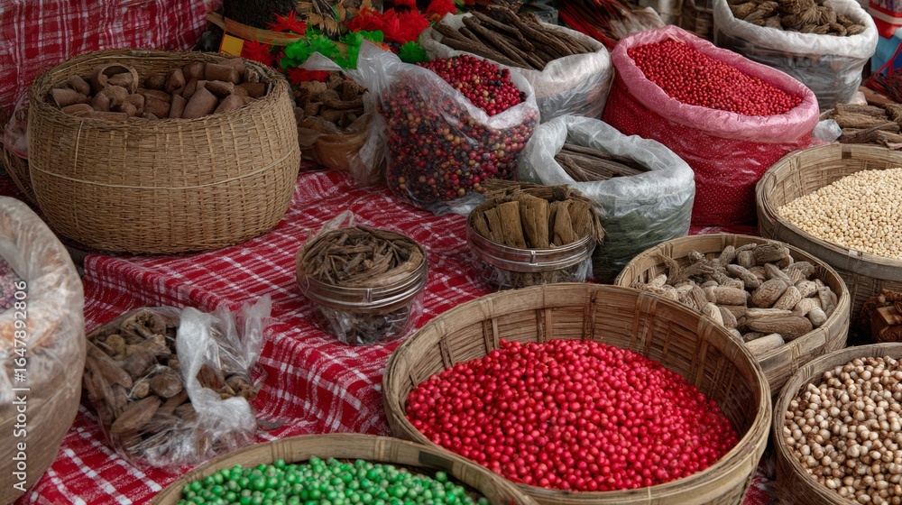 Fototapeta premium Baskets with colorful spices and grains in outdoor market for traditional food and culinary culture