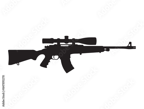 Scoped rifle silhouette black vector of assault-style firearm with mounted scope, ideal for tactical, military, or sport shooting themes. Vector black silhouette. with white background