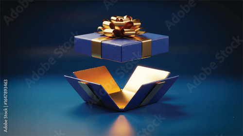 Open blue gift box with golden ribbon and bow present