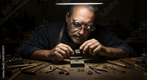 Goldsmith crafting detailed jewelry at a workbench with magnifier and directional light