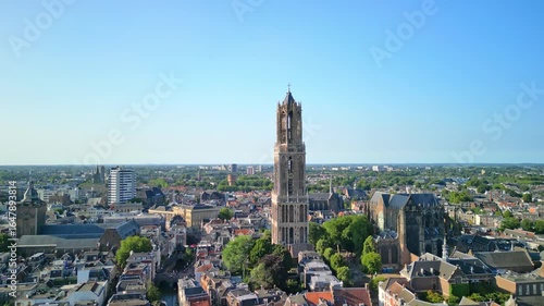 Cathedral of St. Martin. Dom van Utrecht. Aerial view showcasing the majestic tower amidst vibrant cityscape, capturing the essence of architectural beauty
