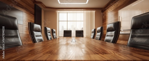 The Conference Table in a Modern Executive Boardroom with City View Windows