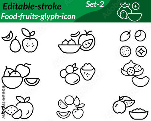 Orange, pear, watermelon, and apple icon set featuring bright, clean vector designs. Each fruit is stylized with vibrant colors, smooth shapes, and clear details, ideal for healthy food, grocery.