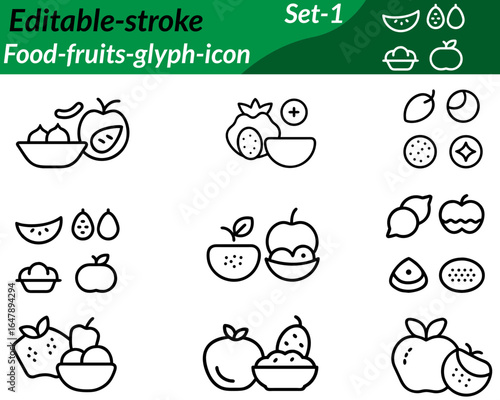 Orange, pear, watermelon, and apple icon set featuring bright, clean vector designs. Each fruit is stylized with vibrant colors, smooth shapes, and clear details, ideal for healthy food, grocery.