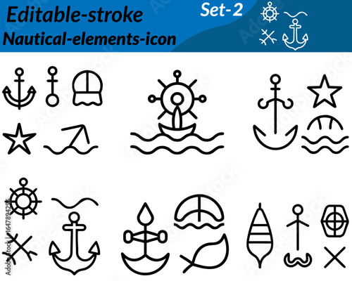 Nautical-elements icon featuring anchors, ship wheels, compasses, ropes, lighthouses, sails, waves, and navigation maps, symbolizing sailing, sea travel, and marine adventures. Ideal for maritime.